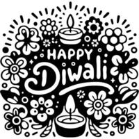 Happy Diwali inscription on flower bouquet background in monochrome. Simple minimalistic in black ink drawing on white background vector