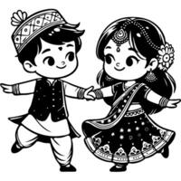 Dancing boy and girl dressed in national clothes in monochrome. Simple minimalistic in black ink drawing on white background vector