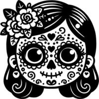 Girl with short hair and face decorated with Mexican ornament in monochrome. Simple minimalistic in black ink drawing on white background vector