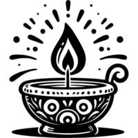 Burning candle in a ceramic bowl decorated with Indian ornaments in monochrome. Simple minimalistic in black ink drawing on white background vector