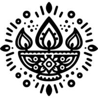 Bowl decorated with a festive ornament with a lit candle in monochrome. Simple minimalistic in black ink drawing on white background vector