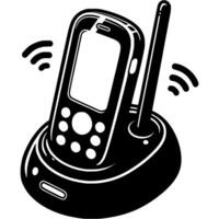 Push button telephone transmits signal from base station in monochrome. Simple minimalistic in black ink drawing on white background vector