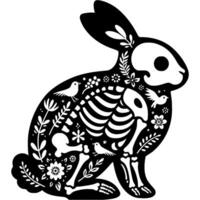 Silhouette of rabbit skeleton is decorated with Mexican floral patterns and in monochrome. Simple minimalistic in black ink drawing on white background vector