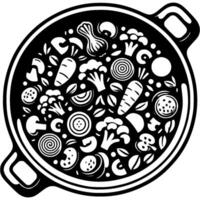 Cooking vegetable dish in frying pan in monochrome. Simple minimalistic in black ink drawing on white background vector