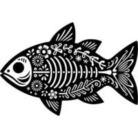 Silhouette of fish skeleton is decorated with Mexican floral patterns and in monochrome. Simple minimalistic in black ink drawing on white background vector