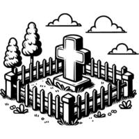 Stone cross on a grave surrounded by a wooden fence in monochrome. Simple minimalistic in black ink drawing on white background vector