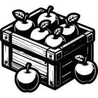 Apples from the new harvest stacked in a wooden box in monochrome. Simple minimalistic in black ink drawing on white background vector