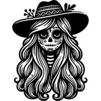 Woman with long hair in a hat with a face decorated with a Mexican pattern in monochrome. Simple minimalistic in black ink drawing on white background vector