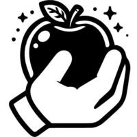 Gardener hand holds a whole apple in monochrome. Simple minimalistic in black ink drawing on white background vector