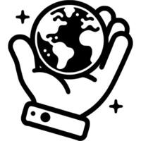 Human hand holds globe in its palm in monochrome. Simple minimalistic in black ink drawing on white background vector