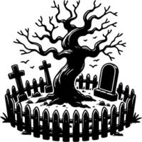 Section of an old abandoned cemetery enclosed by a fence in monochrome. Simple minimalistic in black ink drawing on white background vector