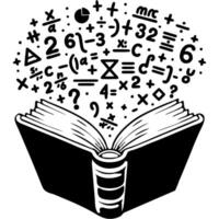 Mathematical formulas fly out of an open algebra textbook in monochrome. Simple minimalistic in black ink drawing on white background vector