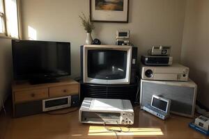A display of early home computing equipment including vintage keyboards, old mice, and early desktop computers with a classic 90's computer wallpaper in the background photo