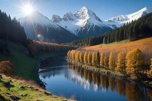 Awe-inspiring mountain landscape with snow-covered peaks, lush green valleys, and a crystal-clear river under a golden sun photo