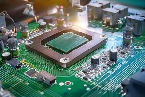 Closeup image of surface mounting technology SMT components like microchips, resistors, and capacitors on a printed circuit board PCB in an advanced high-tech manufacturing environment photo
