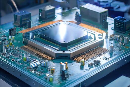 Realistic image of SMT components on a PCB, showcasing microchips, resistors, and capacitors in a high-tech manufacturing environment with advanced precision machinery photo