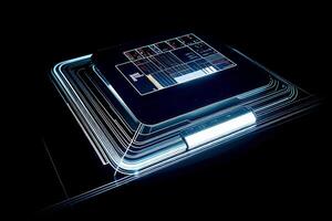 A detailed digital interface showing various tech elements like circuit diagrams, data graphs, and coding lines on a futuristic display, emphasizing advanced technology and innovation photo