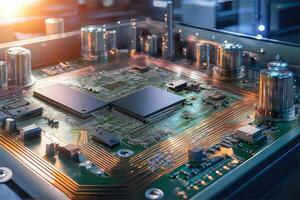 Detailed image of surface mounting technology SMT components like microchips, resistors, and capacitors on a printed circuit board PCB in a high-tech manufacturing environment photo
