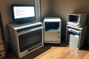 A scene featuring old-school gaming consoles including Nintendo, Sega, and Atari, set up with vintage game cartridges and a classic CRT TV for a nostalgic gaming experience photo