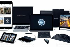 A set of versatile technology-themed clipart illustrations featuring gadgets like smartphones, laptops, tablets, smartwatches, and cloud symbols, designed with a modern, flat style and bright colors photo
