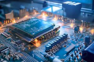 Surface mounting technology SMT components including microchips, resistors, and capacitors on a printed circuit board PCB, captured in a realistic high-tech manufacturing environment photo