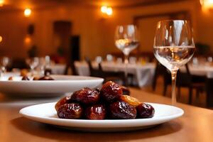 Elegant plate of glossy dates placed on a dining table with a blurred warm background, highlighting their rich texture and deep color in a cozy dining room setting photo