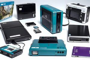 Nostalgic collage of 90's technology featuring chunky mobile phones, dial-up modems, floppy disks, VHS tapes, and early gaming consoles in teal, purple, and gray tones evoking a retro style photo