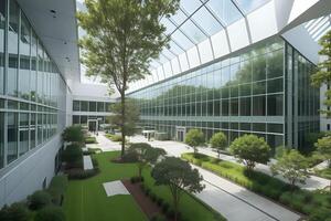 A realistic depiction of the Lilly Biotechnology Center, showcasing its state-of-the-art facilities and cutting-edge research environment, surrounded by lush greenery with large glass windows photo