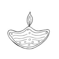 Stylized Diya with burning flame isolated illustration painted by black inks. Etching drawing of transparent abstract Diwali candle monochrome color. Naive art. Diwali celebration vector
