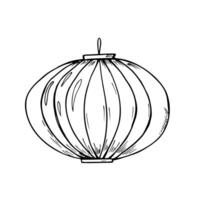 Traditional round paper lantern isolated monochrome illustration. Hanging lamp festive element etching drawing for Diwali, Chinese New Year, Asian light festival, greeting card design vector