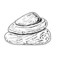 Pyramid of sea stones of different shapes hand drawn illustration. Etching drawing of limestones balancing on each other. For creating new composition, spa centers vector
