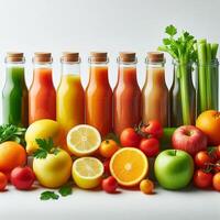 Horizontal shot of squeezed vegetables and fruits in glass bottles. Set of colorful fresh apples, lemon, orange, tomatoes and celery against white background. Healthy food and drink concept photo