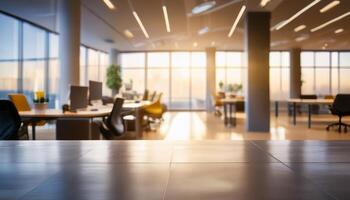 blurred open office space with large floor-to-ceiling windows, allowing plenty of natural light to flood the room. The soft focus creates a serene and modern ambiance, making it ideal for business photo