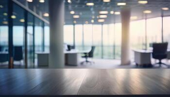 blurred open office space with large floor-to-ceiling windows, allowing plenty of natural light to flood the room. The soft focus creates a serene and modern ambiance, making it ideal for business photo