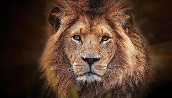 retrato de un león, león mirando directamente dentro el cámara con un intenso y poderoso mirar fijamente. el leon grueso melena y perforación ojos reflejar fortaleza, dominio, naturaleza y animal, fauna silvestre foto