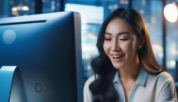 young woman smiling with surprise while using a laptop in a modern office environment, making it suitable for technology, business, e-commerce projects, online success photo