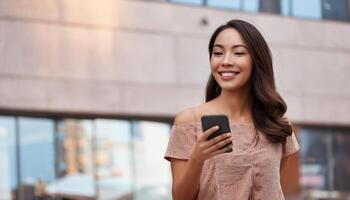 young woman smiling with surprise while using a mobile phone in a modern office environment, making it suitable for technology, business, e-commerce projects, online success photo