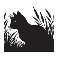 Black silhouette of a cat peeking out from a tall grass patch vector