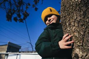 small child kid boy plays and climbs a tree on playground in autumn photo