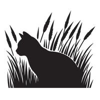 Black silhouette of a cat peeking out from a tall grass patch vector