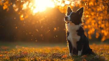 A black and white border collie dog sits in a field of autumn leaves, looking up at the setting sun. photo