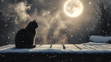 A black cat sits on a snowy wooden surface, looking up at the full moon and falling snow. photo