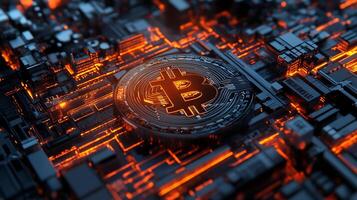 A Bitcoin symbol sits on an illuminated circuit board. photo