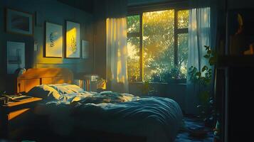 A bedroom with a bed, bedside table, and window with curtains. The sun is shining through the window, casting a warm light on the room. photo