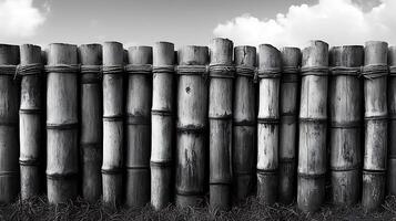 A black and white image of a rustic bamboo fence against a cloudy sky. photo