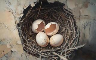 A bird's nest with four eggs, two of which are cracked open, revealing the brown interior. The nest is made of twigs and is nestled in a tree trunk. photo
