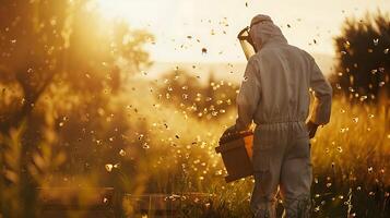 A beekeeper in a protective suit stands in a field of tall grass with bees flying around him as the sun sets. photo