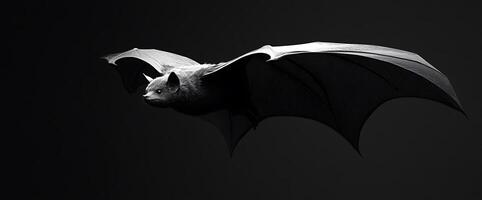 A bat in flight against a black background, with its wings spread wide. photo