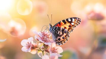 A beautiful butterfly with orange and black wings sits on a pink flower with a blurred background. photo