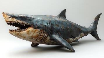 A 3D rendering of a rusted great white shark with its mouth open, showcasing its sharp teeth. photo